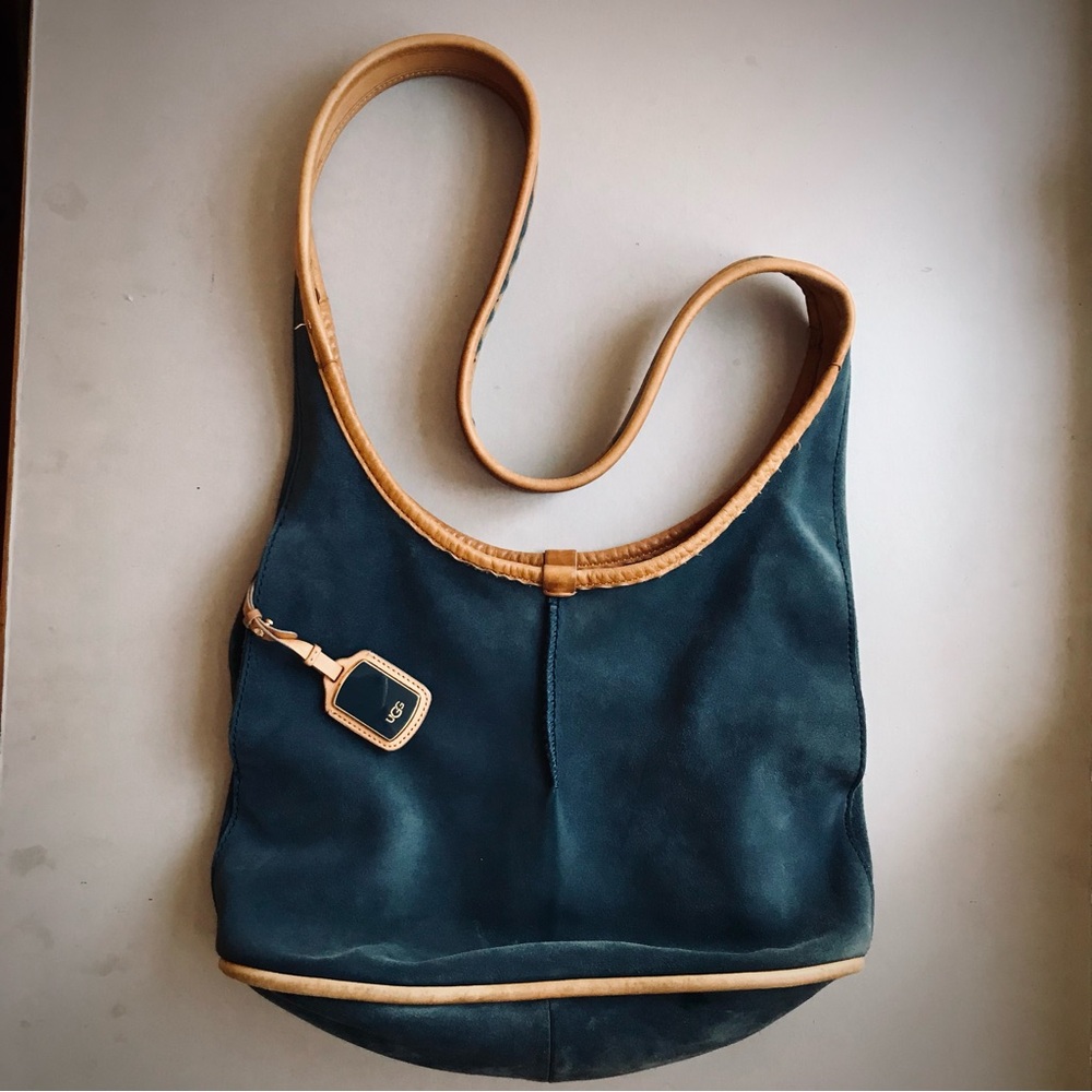 UGG Purse Classic Hobo Blue Suede Tan Leather Large Crossbody Bag